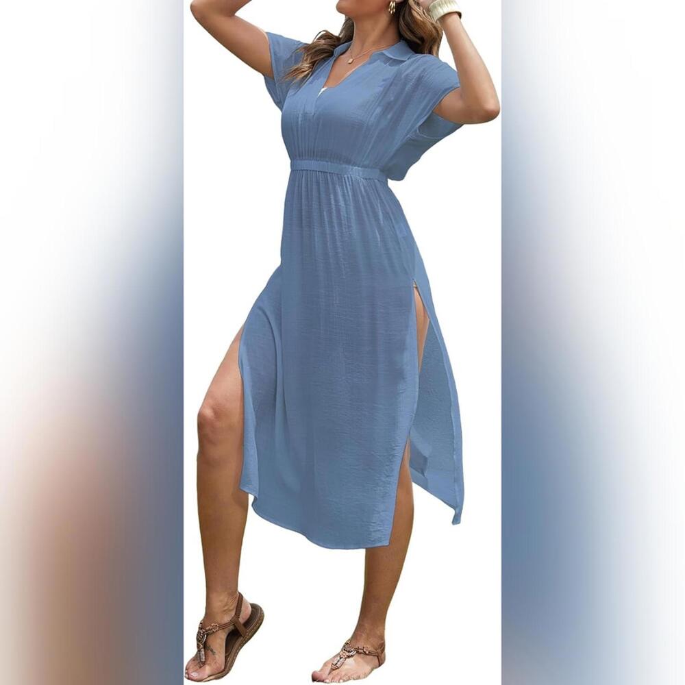NWT Bsubseach Casual V Neck Beach Swimsuit Dress Cover Up, Medium
